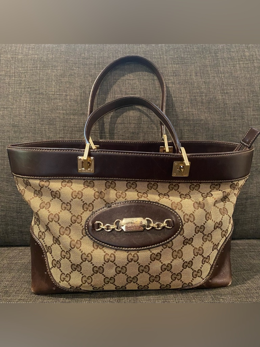 Gucci Beige GG Canvas Tote with Brown Leather & Gold Horsebit Hardware. Classic